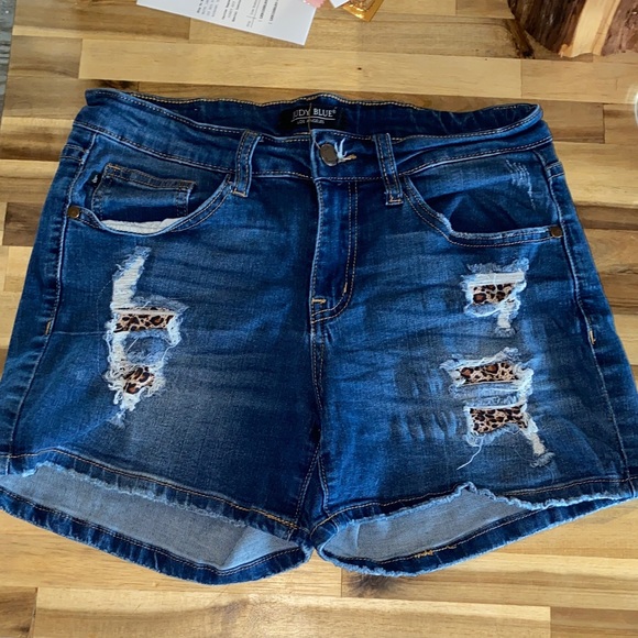 Judy Blue Pants - Judy Blue Dark Blue Distressed Denim Shorts with Leopard Details size Medium